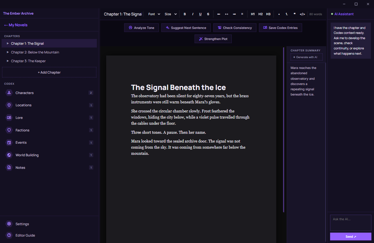 HexaQuill editor showing a demo chapter, chapter navigation, Codex categories, summary panel and local AI assistant
